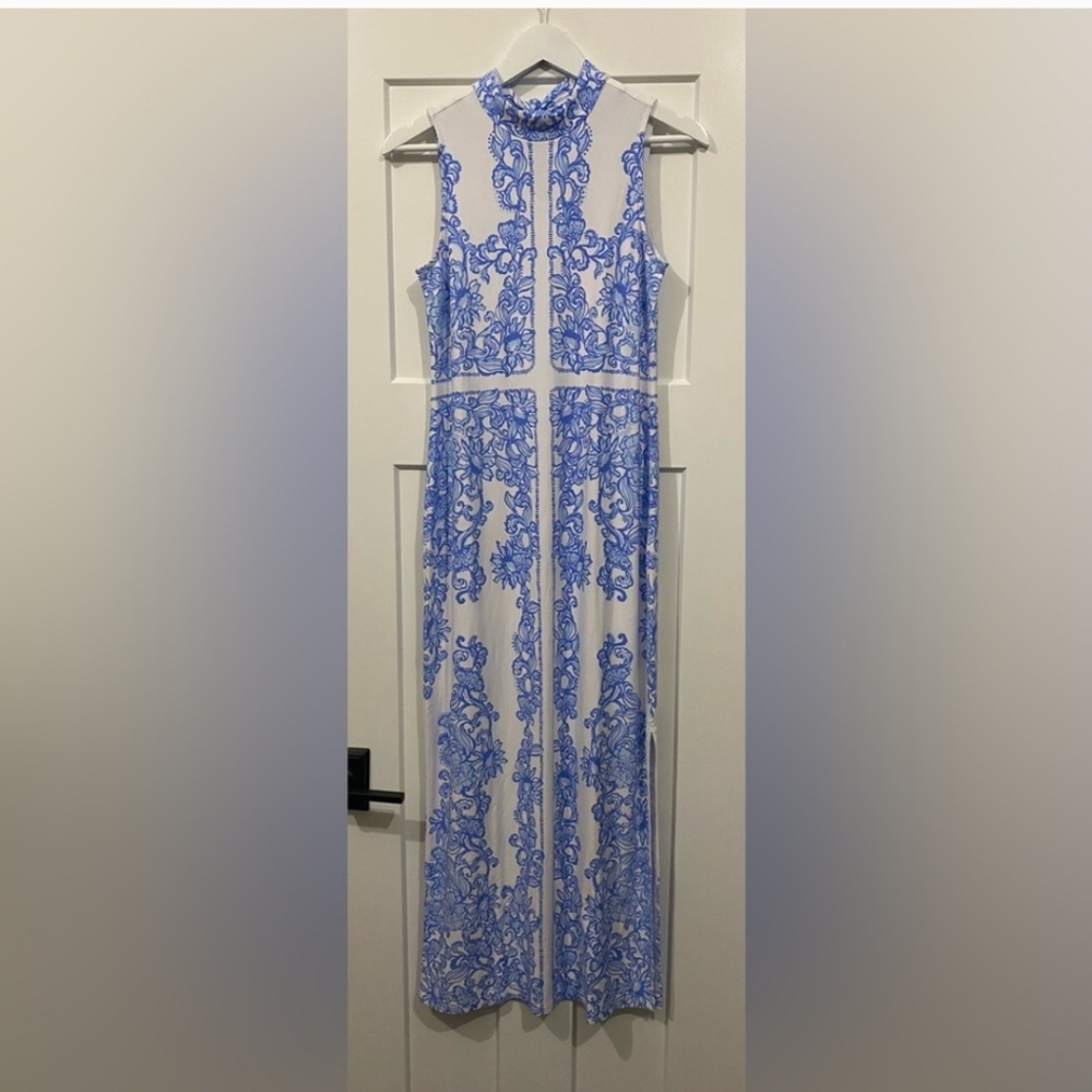 Elegant Blue and White Sleeveless Maxi Dress - Picture 2 of 4